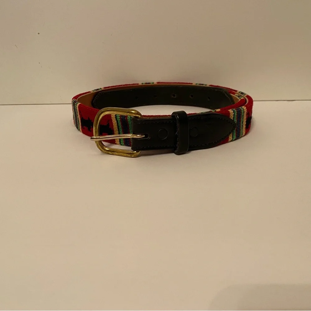NEEDLEPOINT BELT HAND CRAFTED RED BLACK SCOTTIE DOGS TERRIER LEATHER SIZE 32